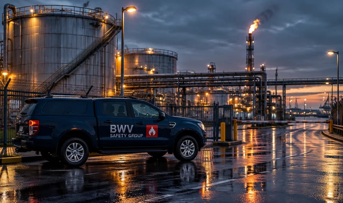 Bedrijfswagen van BWV Safety Group aan de poort van een industriële site met opslagtanks in de haven